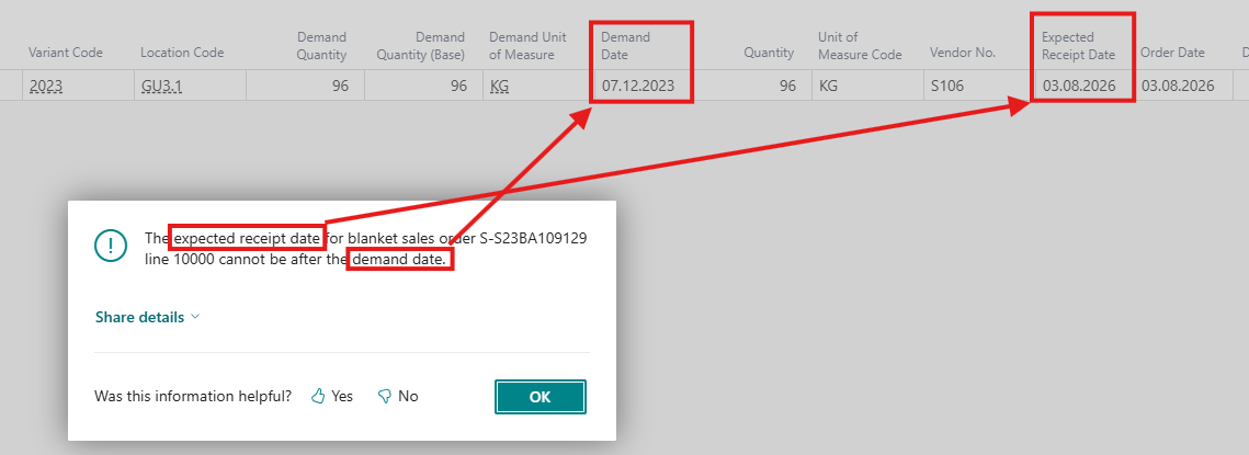 Sales Blanket Order Purchase Planning Date