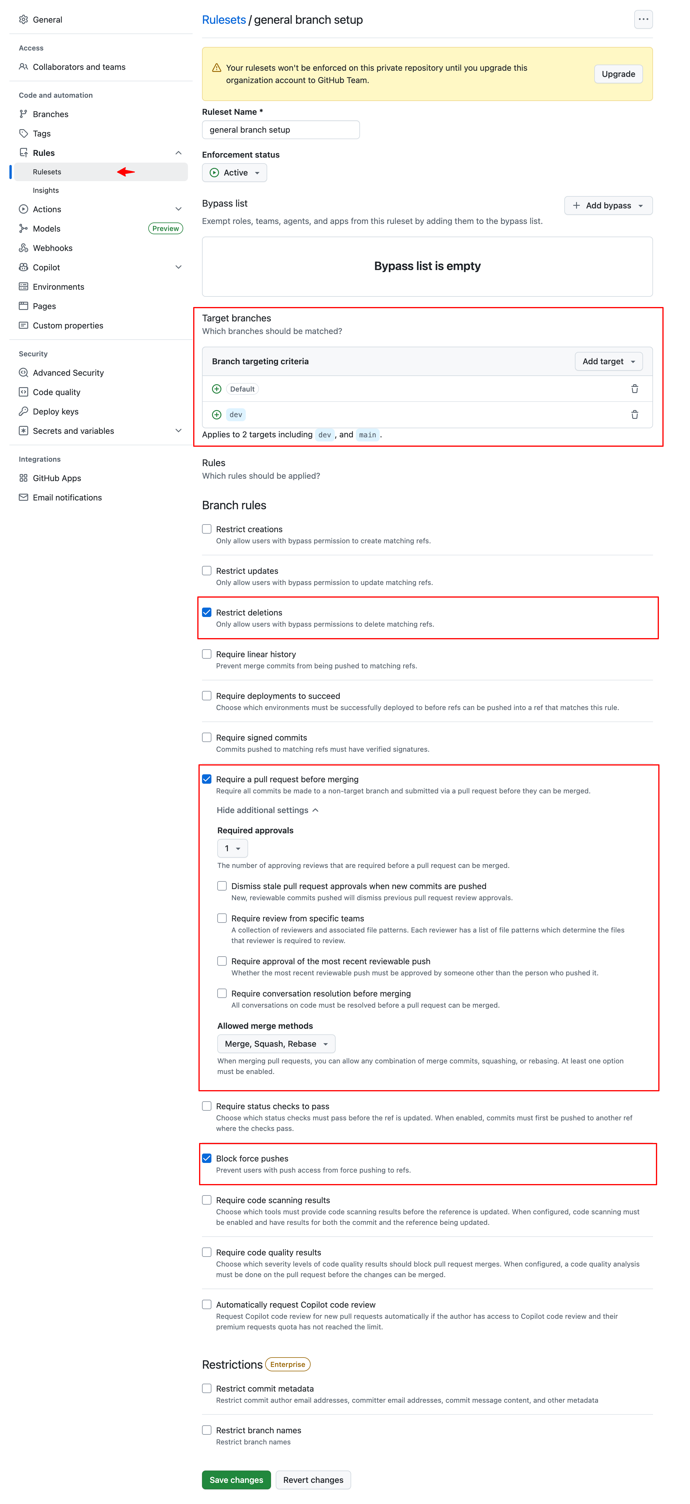 Git Branch Ruleset Settings