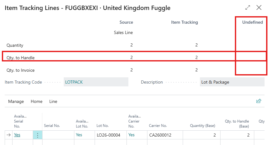 BC Sales Item Tracking Qty to handle