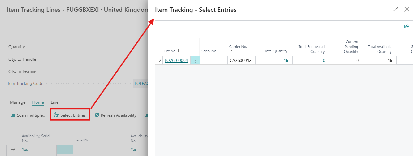 BC Sales Item Tracking Select Entries