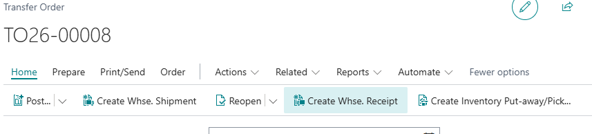 Transfer Order Create Warehouse Receipt