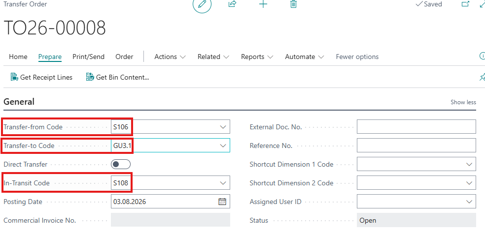 Transfer Order Header General
