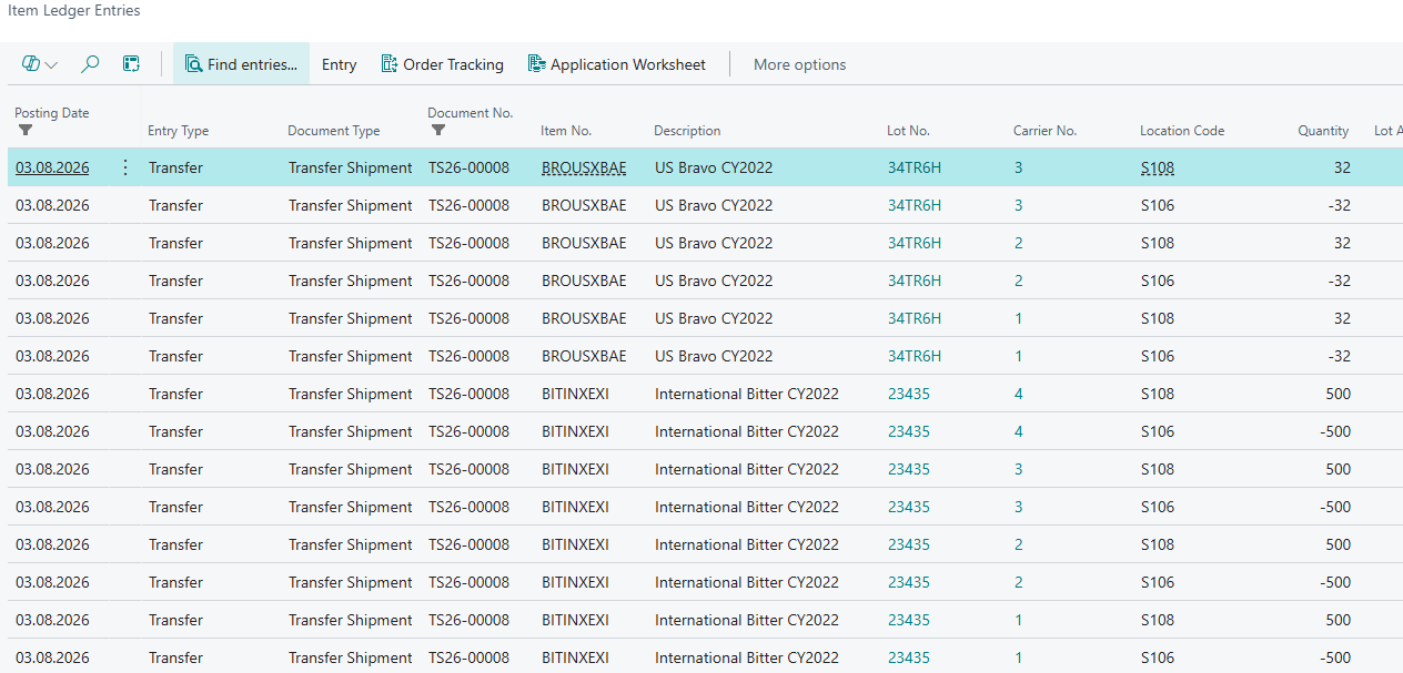Transfer Order Shipment Item Ledger Entries
