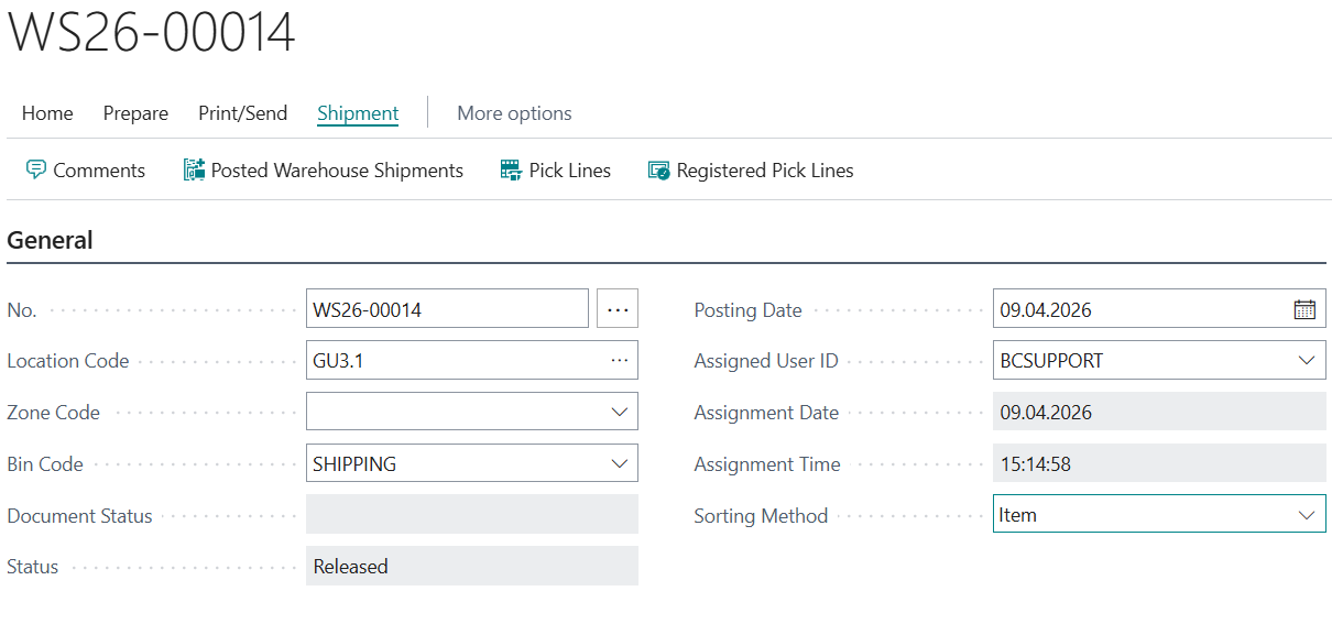 BC Warehouse Shipment Header General